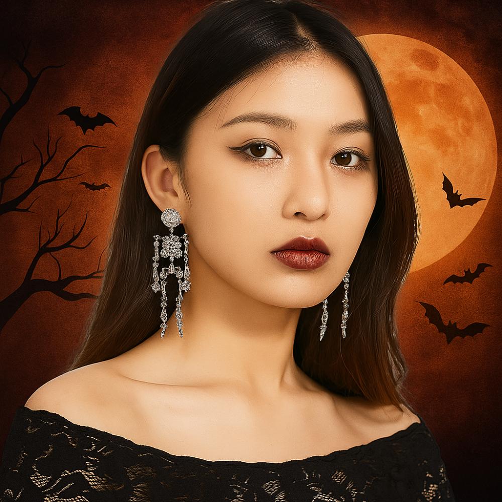 Exaggerate Rhinestone Skull Earrings Shiny Halloween Party Jewelry Skeleton Pendant Earrings  Lady