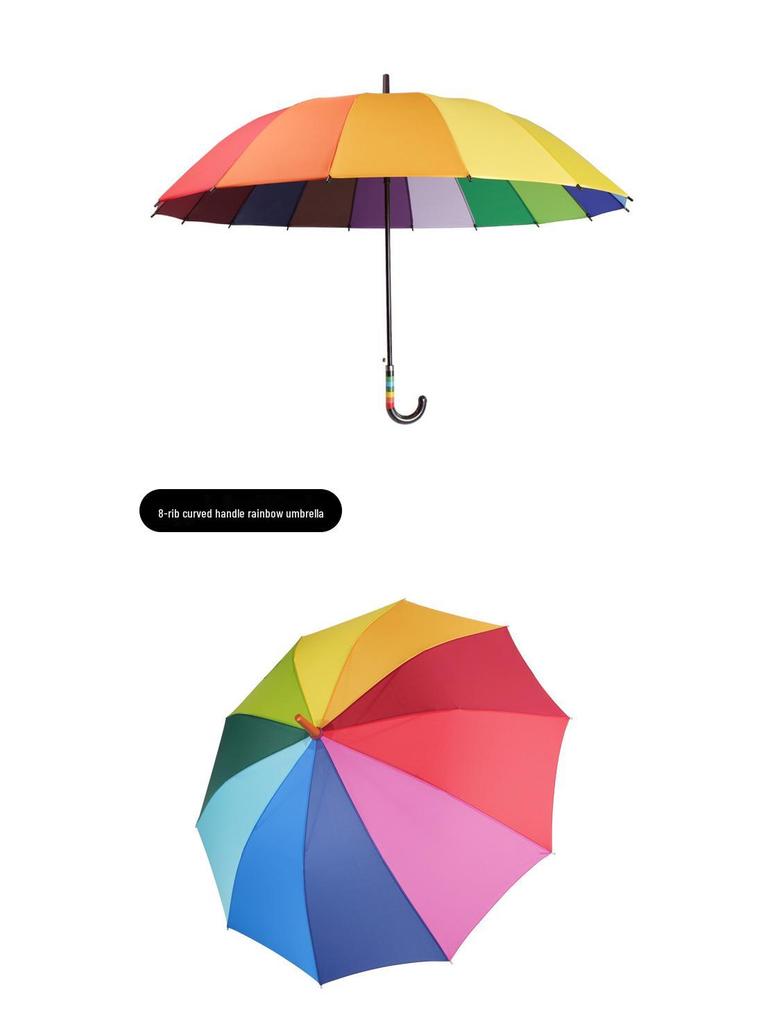 Large 16-Ribbed Rainbow Umbrella with Curved Handle and Custom Logo Option - Black Glue Coating