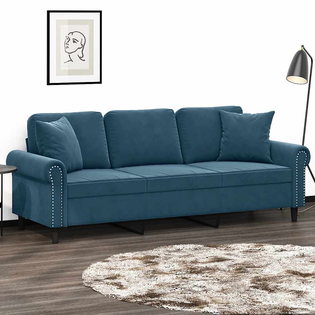 Vidaxl 3-Osobowa Sofa Z Poduszkami, Niebieska, 180 Cm, Aksamit