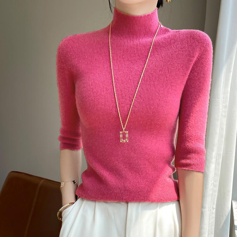 2025 Spring Women's Slim-Fit Mid-Neck Knitted Top with Five-Point Sleeves