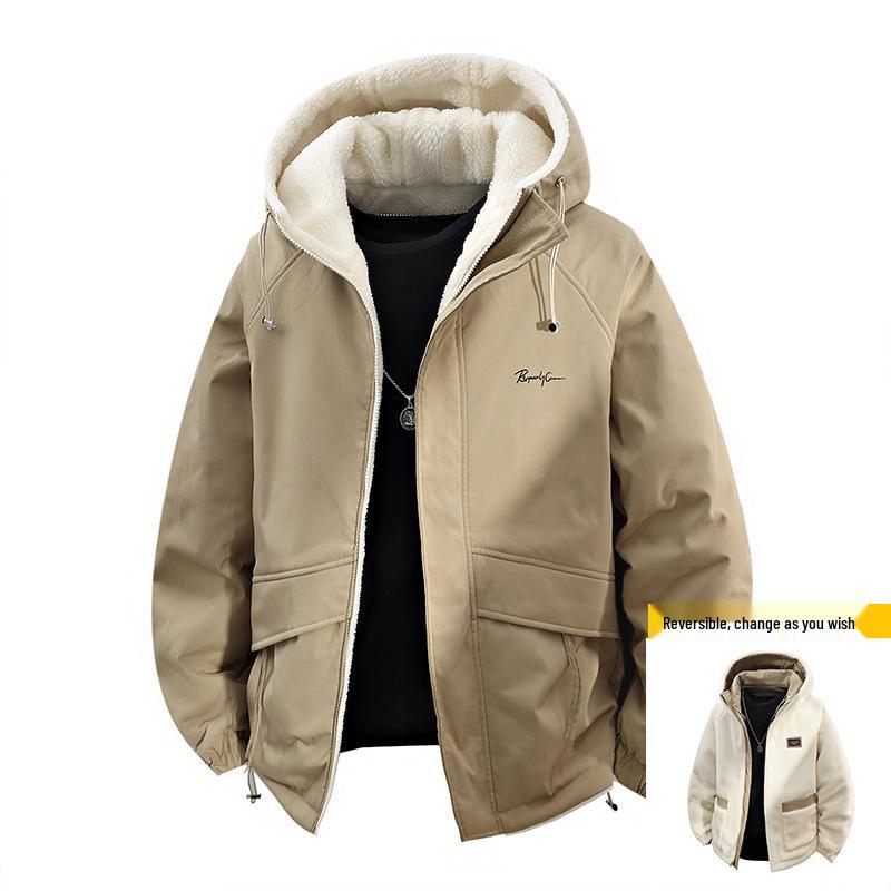 Men's Green Lambswool Hooded Jacket: Double-Sided, Casual, Velvet-Lined, Autumn/Winter Coat.