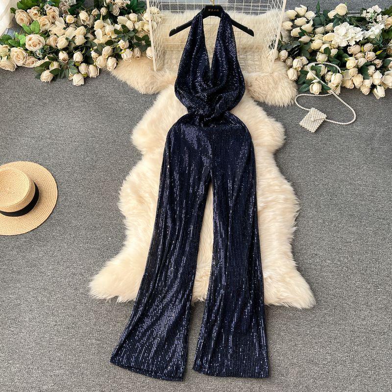 

Доступная роскошь Блестящая одежда Холтер С отложным воротником Брюки с высокой талией Блестки Tibetan Blue XL