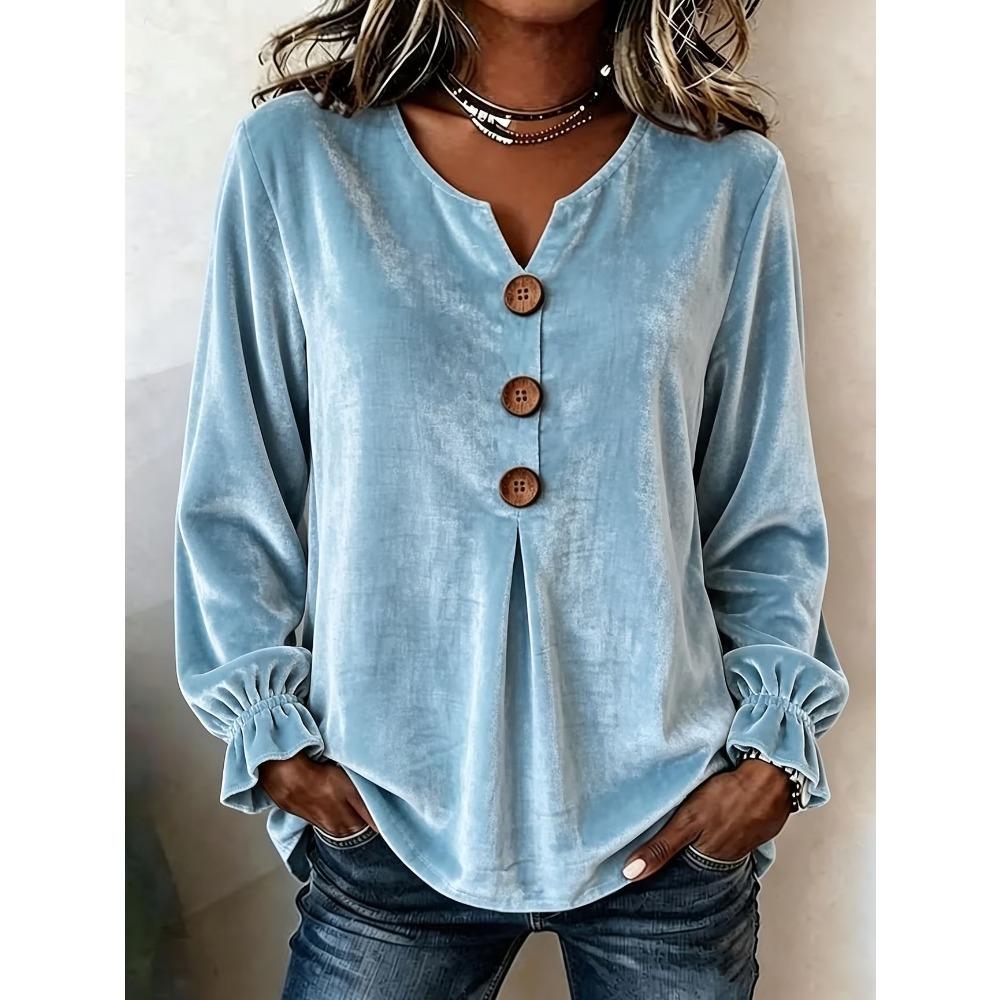 Fashion Velvet Long Sleeve Shirt, V Neck Button Down Blouse for Women