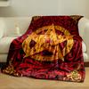 Intricate golden pentagram with red gems on swirling red floral background. for all seasons blanket lunch break throw gift
