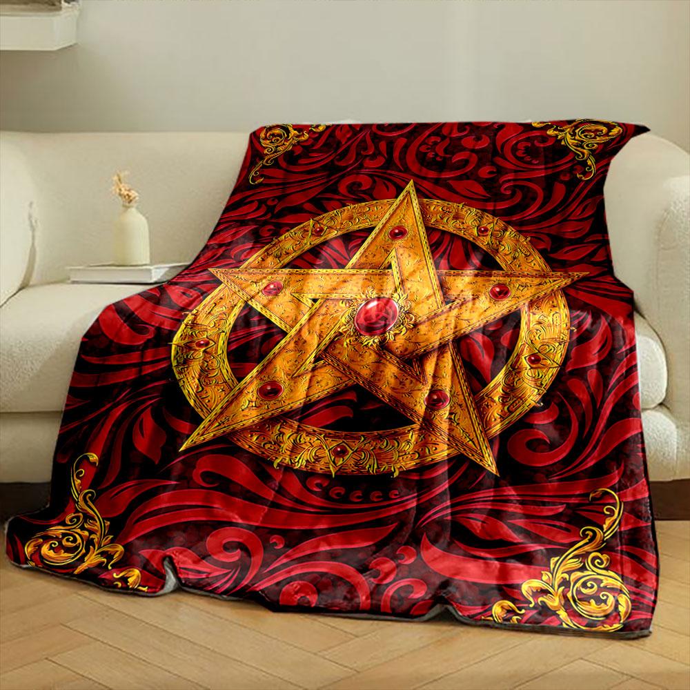 Intricate golden pentagram with red gems on swirling red floral background. for all seasons blanket lunch break throw gift