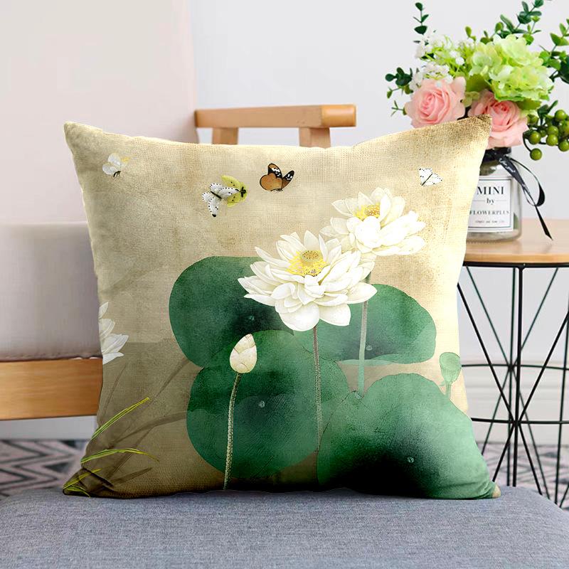 New Chinese Style Pillow Cushion Chinese Style Pillow Case Sofa Living Room Beige Lotus Zen Plush Back Pillow Case