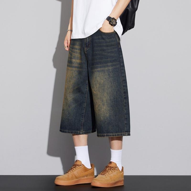 Men's Non-Elastic Denim Seven-Five Shorts Loose Wide Leg Fit Versatile Simple Style Casual Shorts