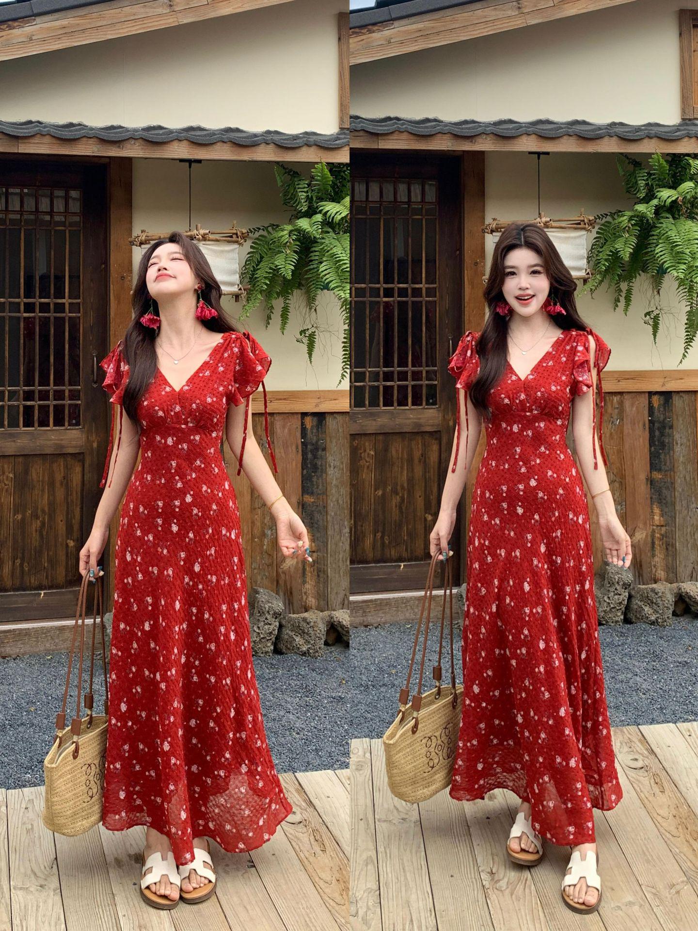 

Elegant Plus Size Women s V-Neck French Summer Dress with High Waist and Pure Desire Print XL вино красного