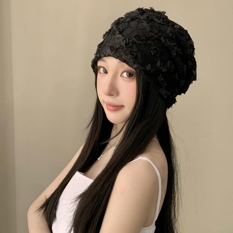 Women's Spring Summer 3D Lace Slouchy Hat Breathable Thin Hollowed-Out Head Covering Hat Street Versatile Niche Pull-On Hat