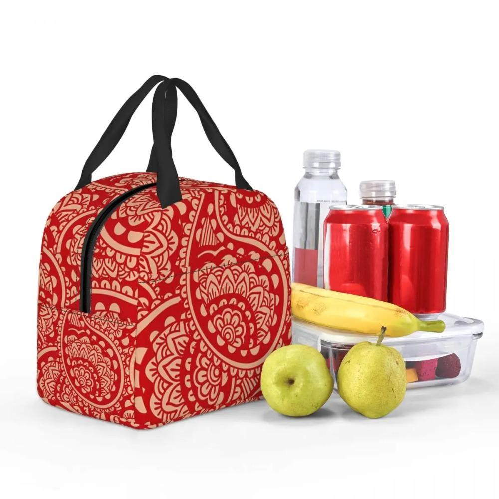 Red Paisley Floral Mandala Insulated Lunch Bag for Women Children Portable Food Boxes Thermal Lunch Box Tote