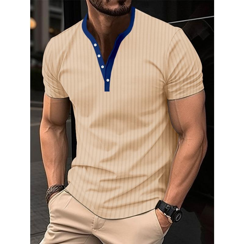 Mens Striped Contrast Collar Half Button Short Sleeve Casual T Shirt