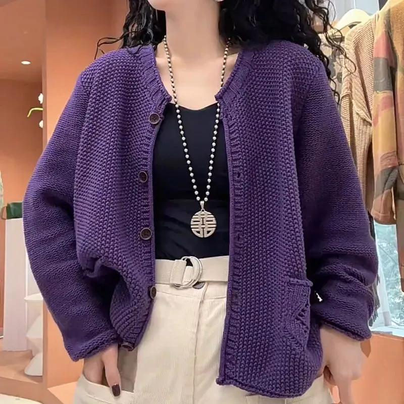 Women Spring Round Neck Long-sleeved Knitted Cardigan Sweater Solid Loose Top