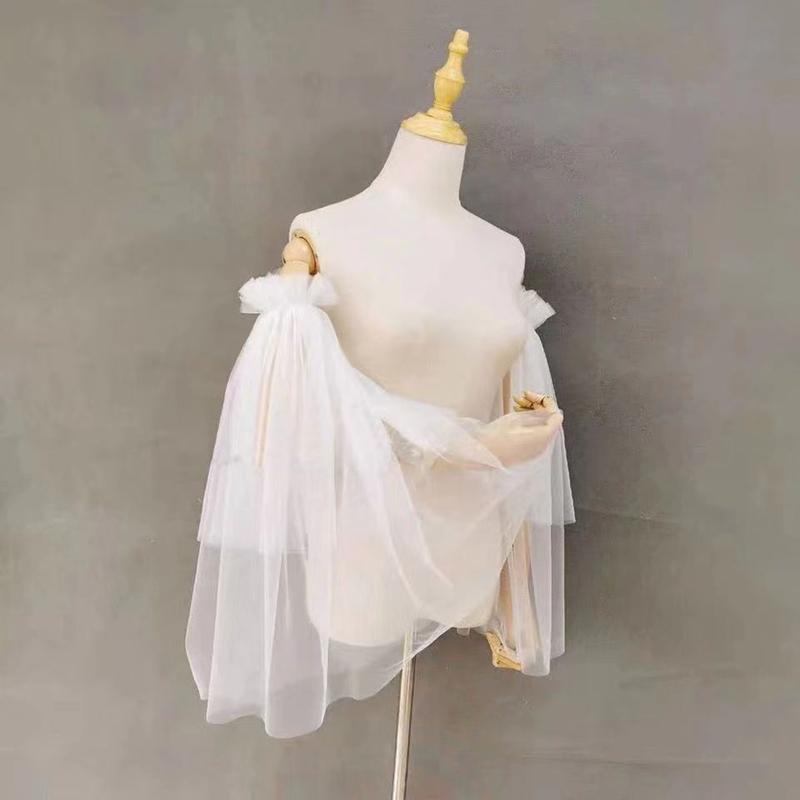 Bride Wedding Gloves Gauze Summer Fairy Sweet Long Removable Puff Sleeves White Tulle Party Dress Accessory