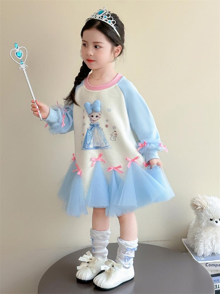 Autumn 2025 Girls' Cartoon Sweatshirt Mesh Dress with Bowknot - Sweet Baby Princess Dress
