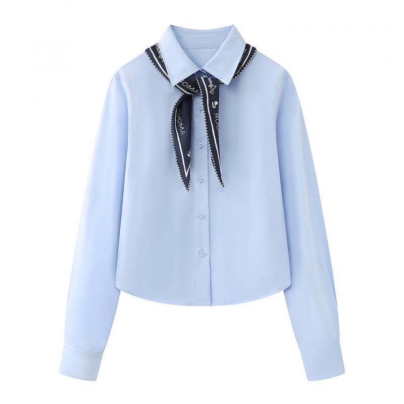 In Stock Spring 2026 Women s Versatile Silk Scarf Long Sleeve Shirt, Casual Fashion Style (3K1CB07) Small синий