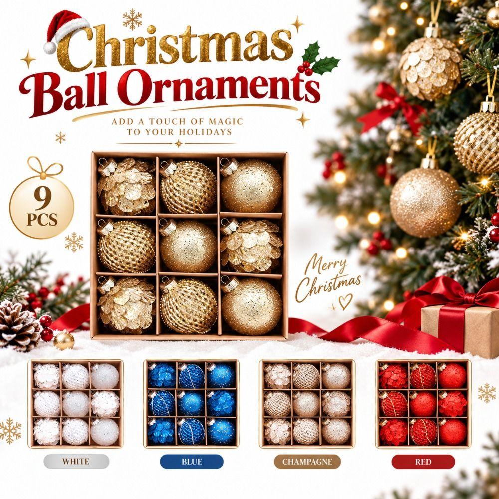 9PCS 8cm Christmas Ball Ornaments Foam Holiday Ball Ornaments New Christmas Ornament Set Home Decor