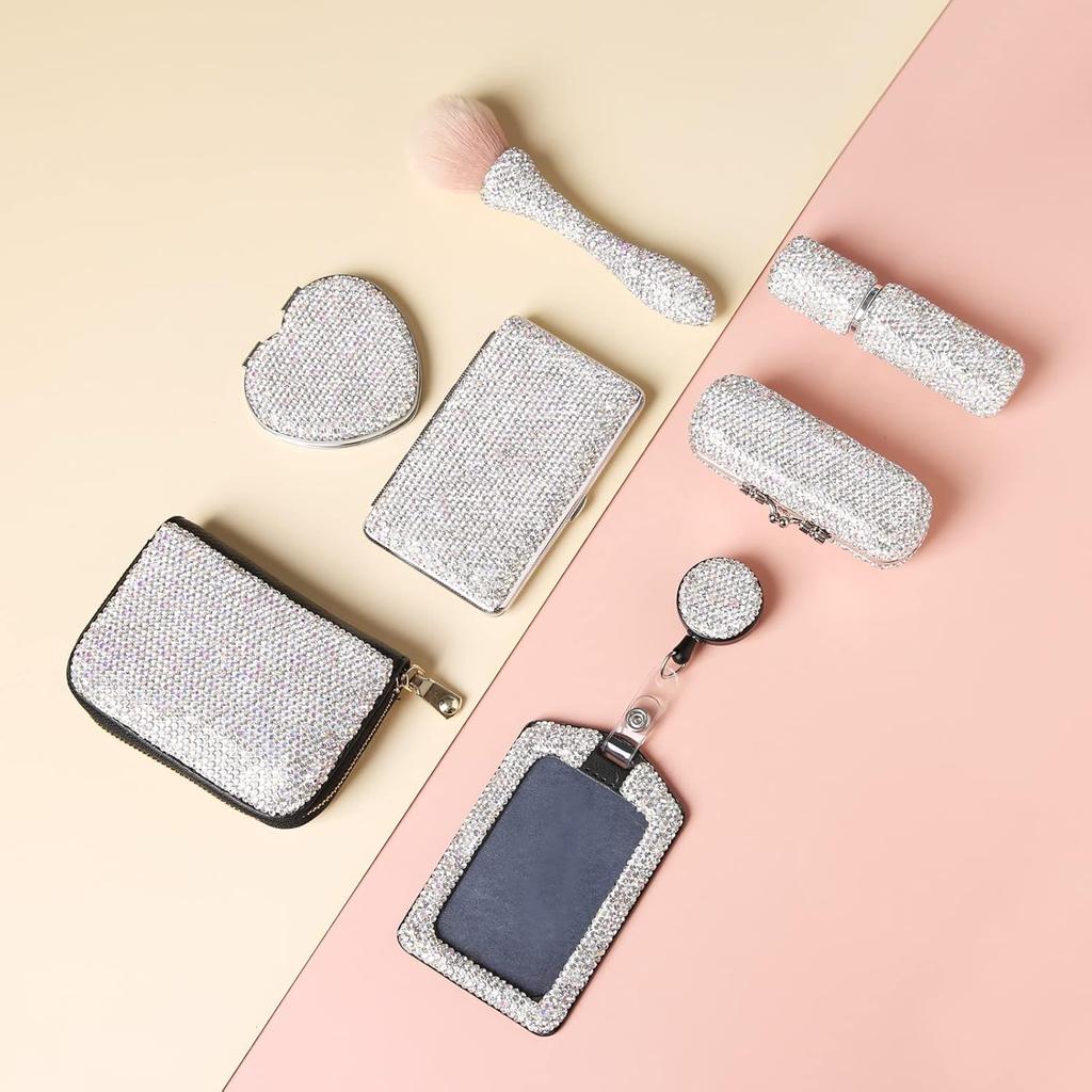 AsAlways Rhinestone Compact Pocket Mirror Portable Travel Cute Cosmetic Mirror Folding Handheld Double-Sided 1x/2x Magnifying Purse Mirror (Silver)