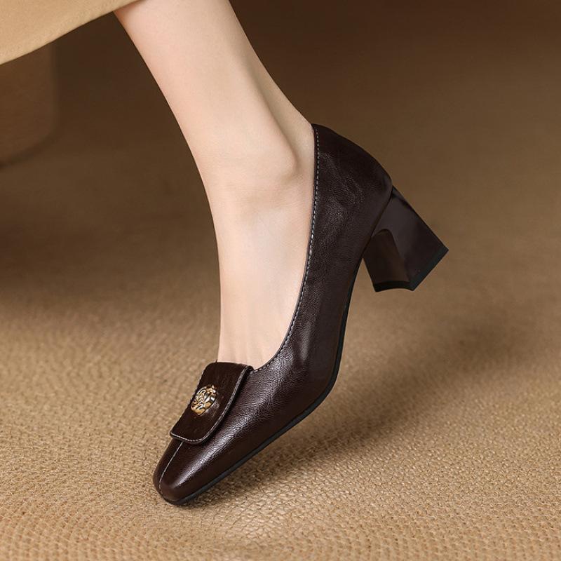 New Women's Fashion Single Shoes Square Head High Heel Small Leather Shoes Casual and Comfortable Rubber Sole Large Size Solid Color Four-season Sing