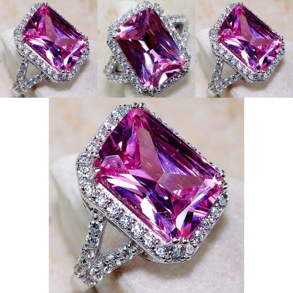 Elegant Pink Sapphire White Topaz Silver Plated Ring With Square Red Corundum