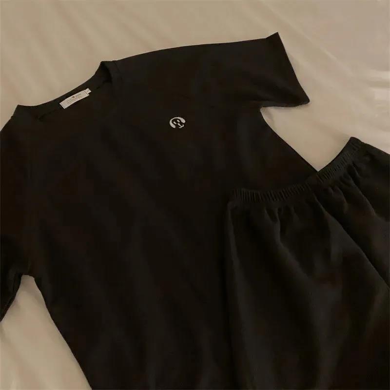 WTEMPO Casual Waffle Fashion Suit Women Summer Oversize Korean Short-sleeved T-shirt + Shorts Letter Embroidery 2pcs Sets