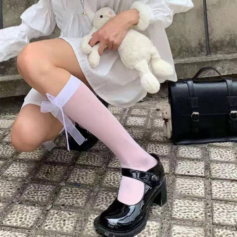 White Knee-High Socks – College Style JK Black Stockings with Bow