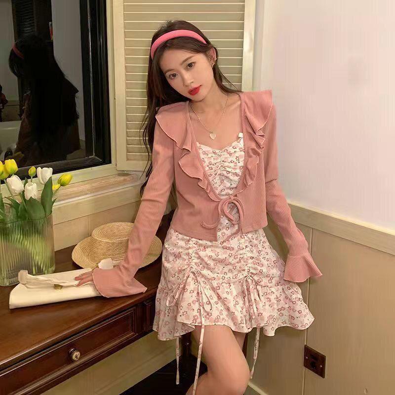 New Arrival Autumn Women’s Floral Dress Set: Slip Dress, Knit Cardigan & Waist-Cinched Skirt
