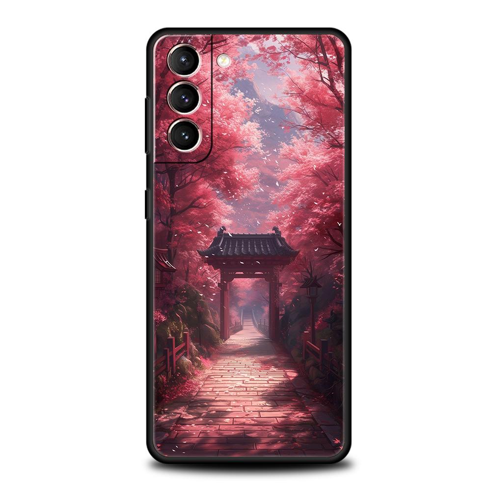 Japanese Style Temple And Cherry Blossoms Phone Case for Samsung Galaxy S25 S24 S23 S22 S20 S21 FE Ultra Plus S25Edge Soft TPU