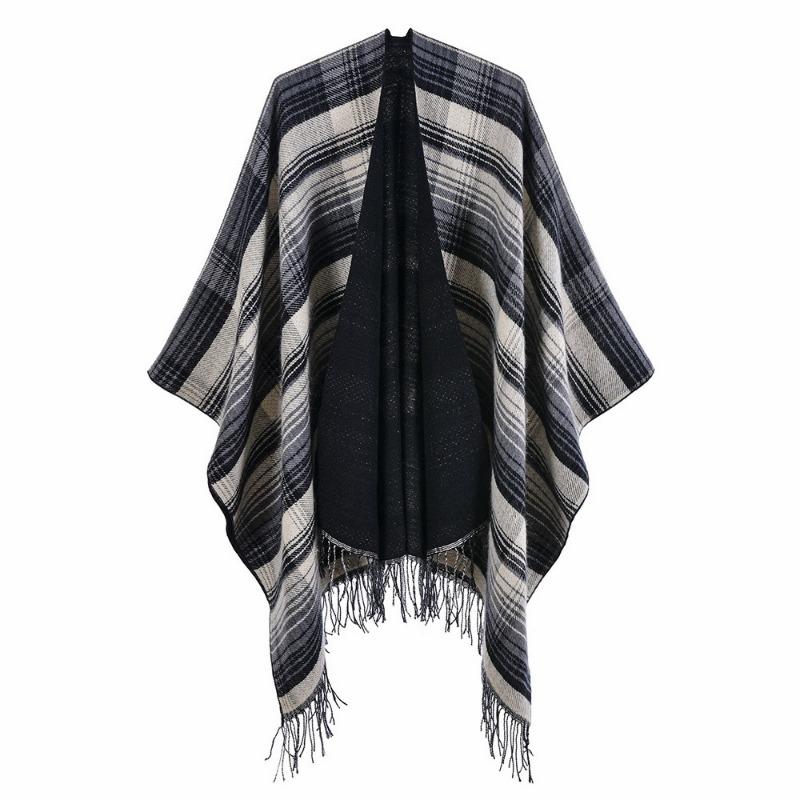 Scottish Classic Plaid Tassel Thick Warm Split Shawl Cape