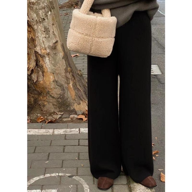 2024 Autumn and Winter Knitted Wide-leg Pants for Women Thickened Fashion Casual Straight Long Pants Solid Color Simple Elegant Trousers 2364