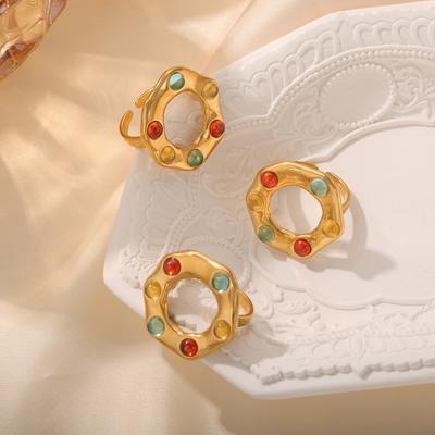 Wind Light Luxury Titanium Steel Gold-Plated Inlaid Stone Irregular Opening Non-Adjustable Ring Jewelry Women