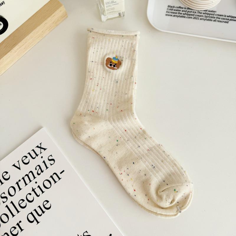 Female Spring and Autumn Trend Cartoon Dog Embroidery Idea Yarn Roll Edge In The Tube Pile Socks