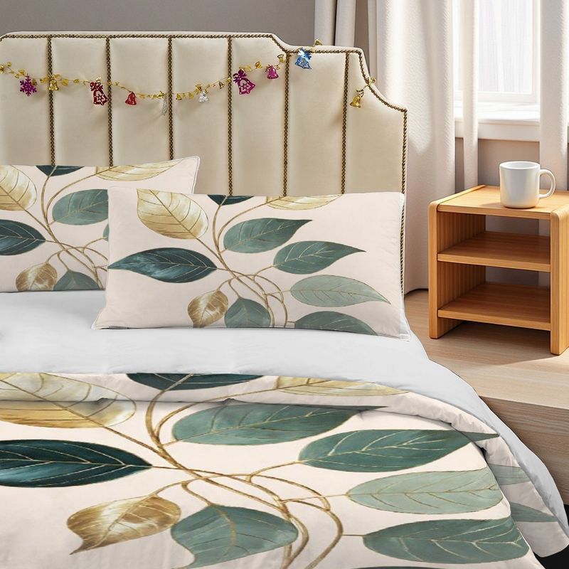 Pillowcase,Quilt Cover Three-Piece Set,Bedding,Light Peach Base Color,Exquisite Leaf Style,Golden Brown Branch Pattern,