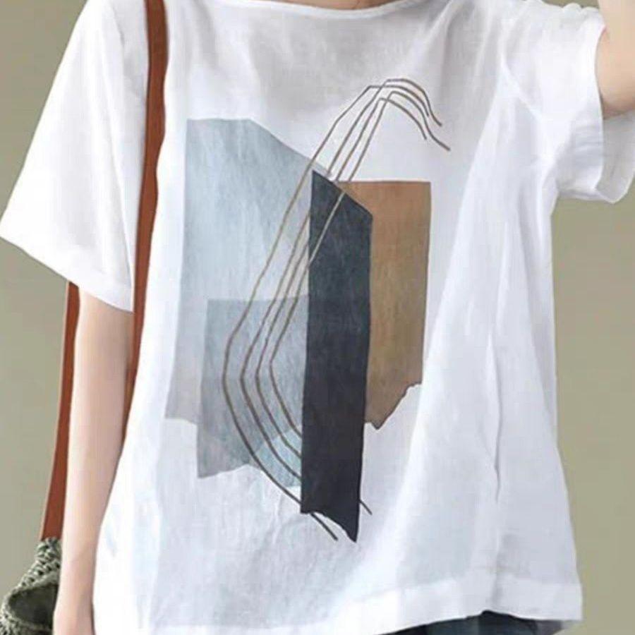 Cotton Linen T Shirts Women Fashionable Vintage Art Printed T-shirt Casual Loose O-neck Short Sleeve Tops Summer Trend Thin Tshirt