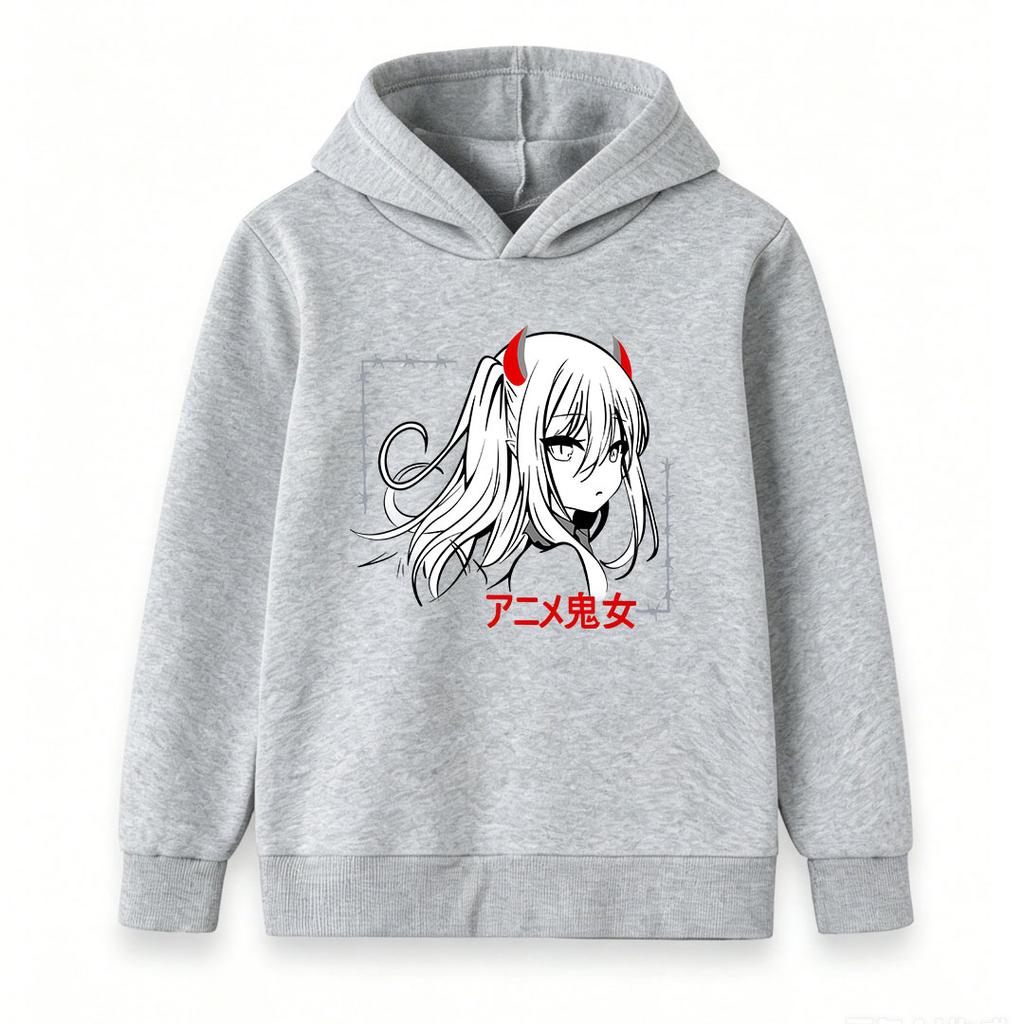 Kids Boys Girls Pullover Hoodie, Anime Demon Girl Horn Printed Casual Long Sleeve Hooded Sweatshirt, Soft Lightweight Streetwear Pullover for Daily We