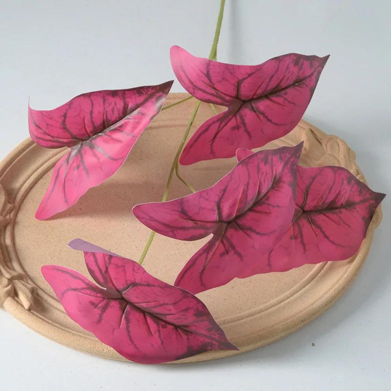 50cm Artificial Plants Film 5 Forks Colorful Taro Leaves Table Decorative Simulation Green Plant Leaf Wedding Decoration Floral