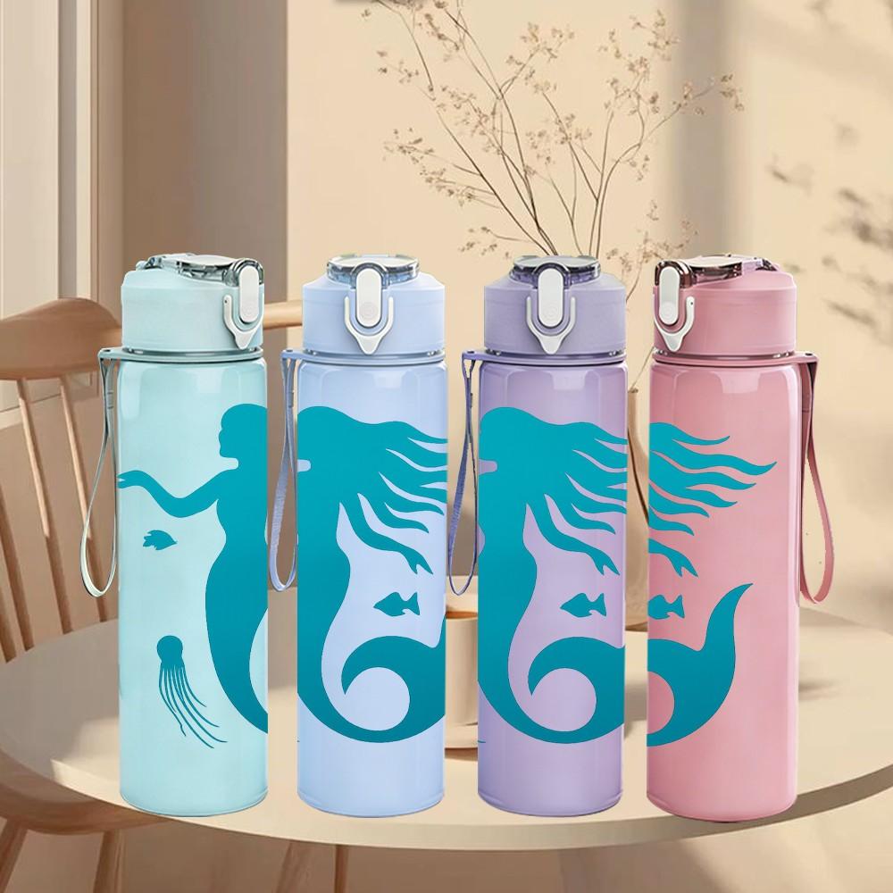 1PC Blue Mermaid Ocean Art 750ml Color Plastic Sports Water Bottle Leakproof Flip Straw Lid Suitable for Sports Office Home Use