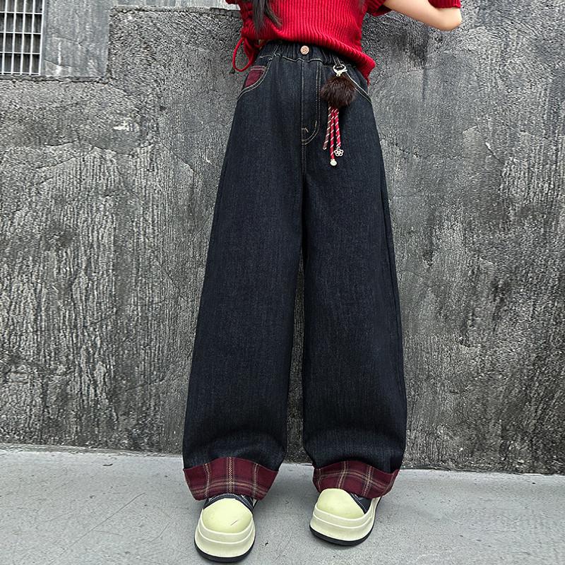 

Модные джинсы в красную клетку пэчворк для девочек - Коллекция весна/осень 2025 для детей 150 cm чёрный