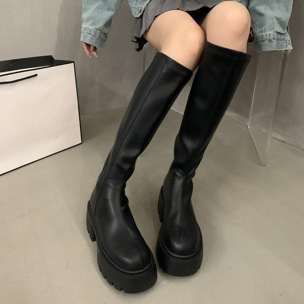 Fashion 2025 New New Round Head Thick Sole Retro Heightening Mid-calf Boots with Velvet Warm and Comfortable Fashion Show Boots