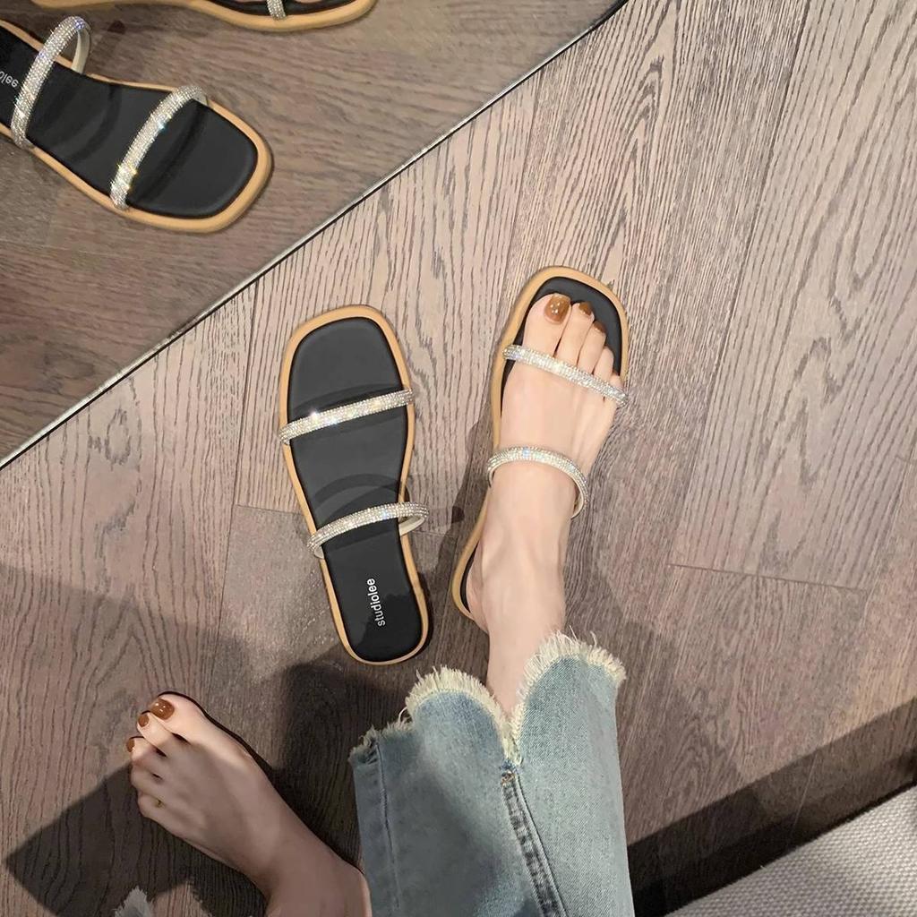 Grape mother's same square head sparkling double one-word with flat-bottomed padded slippers minimalist casual versatile open-toed slippers