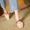 2025 New Vintage Woven 1 Slip-on Toe Half Slippers Women's New Outwear French Fairy Style Thick Heel Holiday Shoes