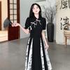 Spring and summer large size new Chinese retro improved cheongsam skirt fat mm black and white contrasting colors gentle national style temperament dr