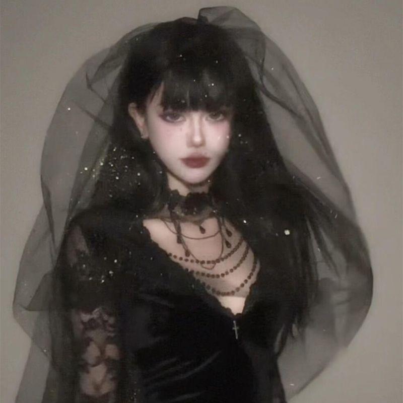 Halloween Gothic Bride Black Veil Headpiece - Lace Dark Wedding Accessory for Adult Costume