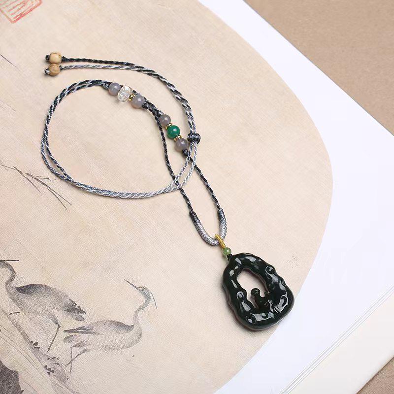 Hand-Woven Hetian Jade Pendant with Adjustable Beaded Lanyard in Chinese Style