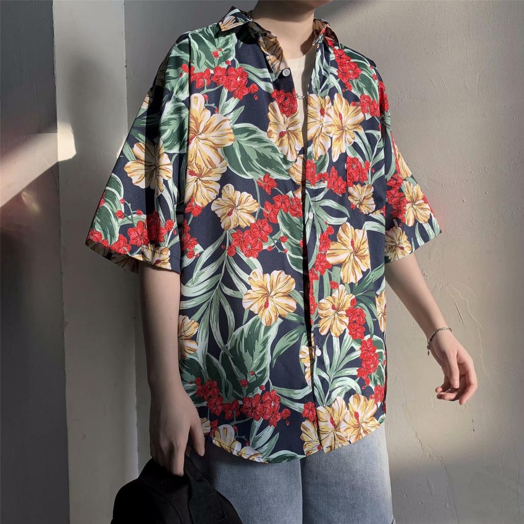 Cămașă ocazională cu flori pentru bărbați hawaiani Cămașă de plajă retro în stil Hong Kong Cămașă cu flori pentru cupluri florale cu mânecă scurtă pentru bărbați
