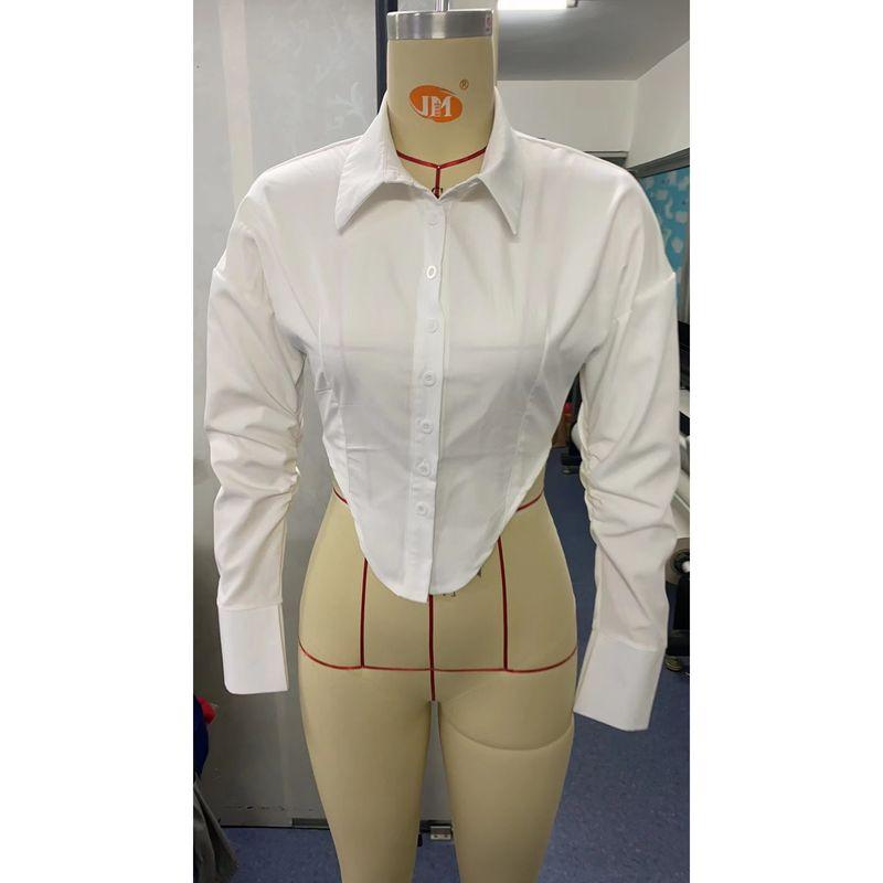 Stylish Beautiful Fashion Sexy Short Asymmetrical Curved Hem Shirt Women's Waist-Tight Slim Looking Ruched Button Top