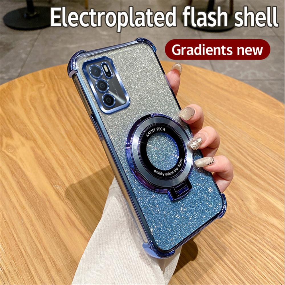 Glitter Shockproof Plating Bracket Phone Holder Case For OPPO A16 A16S A17 A15 A53 A36 A76 A5 A9 2020 A54S A53S Soft Stand Cover