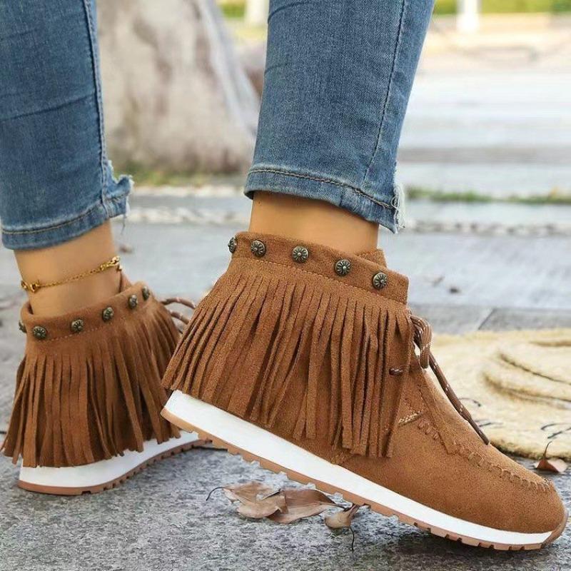 Winter Women Ankle Boots British Style Tube Frosted Tassel Boots Pop Tide Lace-Up Boho Boots Women Cowboy Shoes Botas Mujer