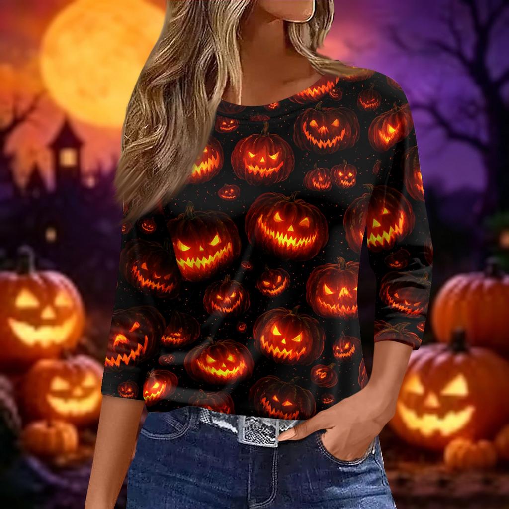 Women's Fashion Casual Short Sleeve Neck Top with Halloween and Pumpkin Print