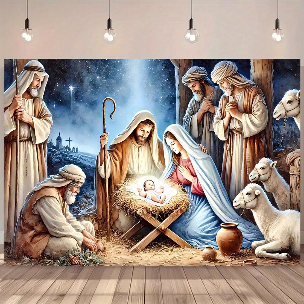 1 piece large Nativity scene banner with Mary Joseph young Jesus shepherds and animals