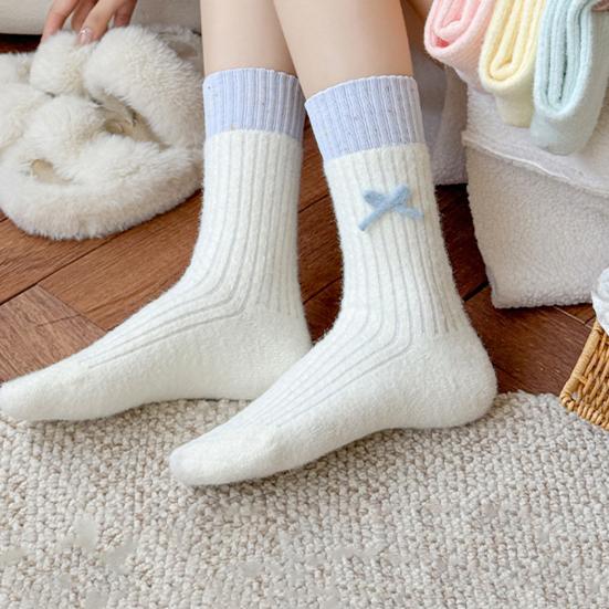 Chaussettes d'hiver pour femmes, chaussettes chaudes côtelées extensibles avec nœud, chaussettes épaissies respirantes décontractées pour la maison, le sommeil, les courses quotidiennes